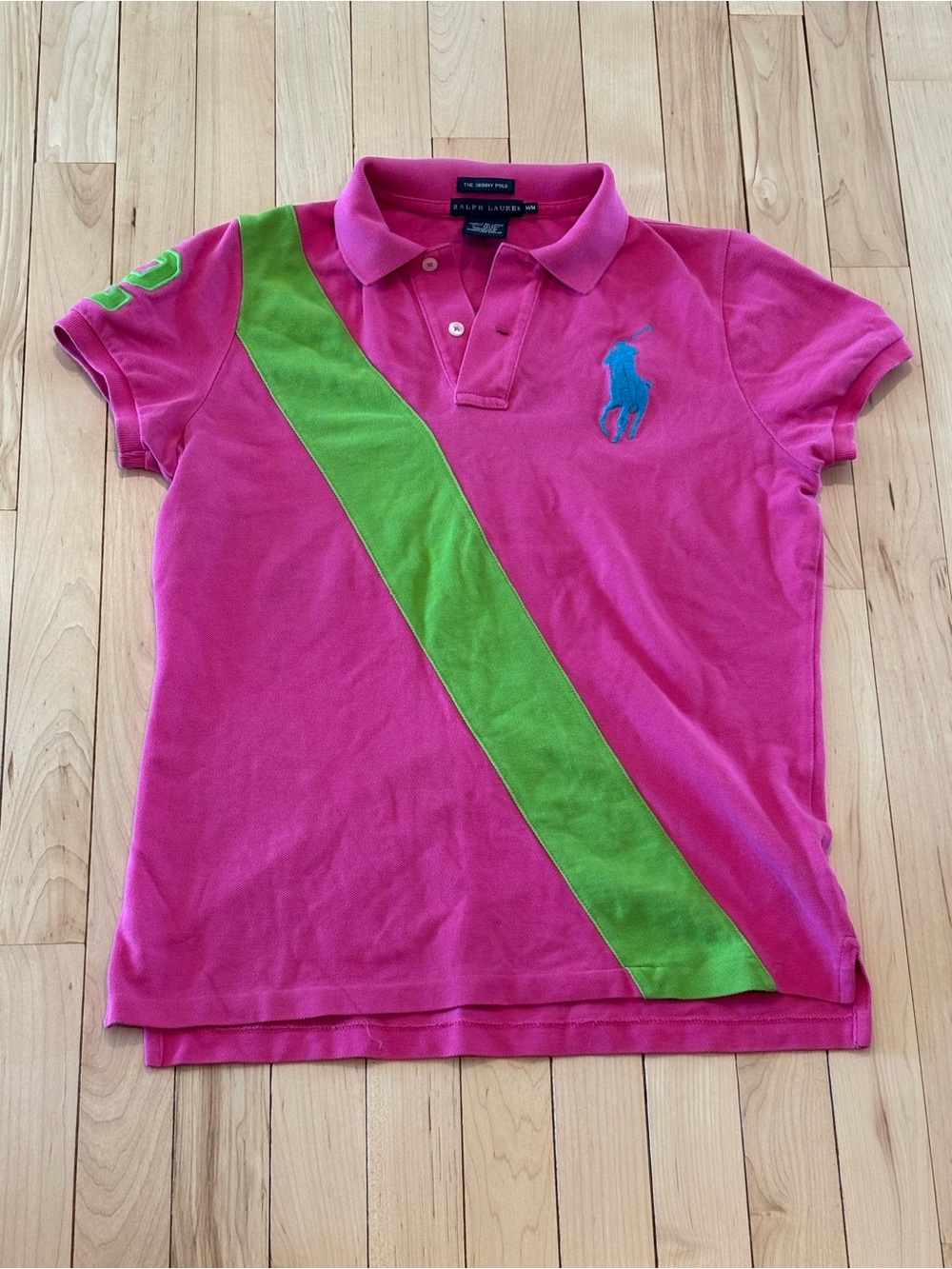 Vintage Y2K Ralph Lauren The Skinny Polo Shirt Pink Green Medium